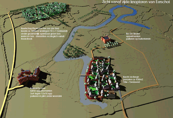 Slide uit presentatie van Slotje De Laar (2007) met daarop een voorgesteld plan voor 't Laar: gezamenlijk openbaar groen in het zuiden, appartementen in Slot De Sleutel, Burcht de Berg en Kasteel de Laar.